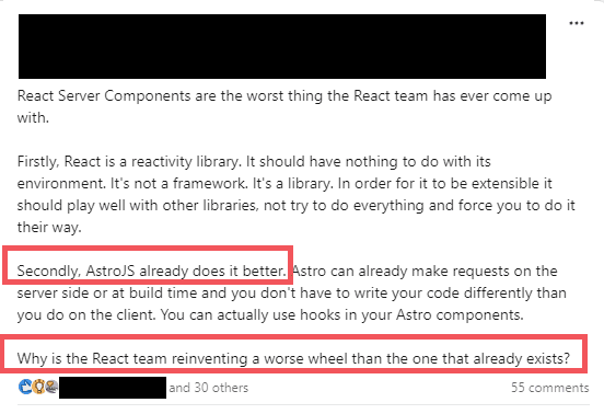 A Linkedin poster claims that Astro makes RSC pointless