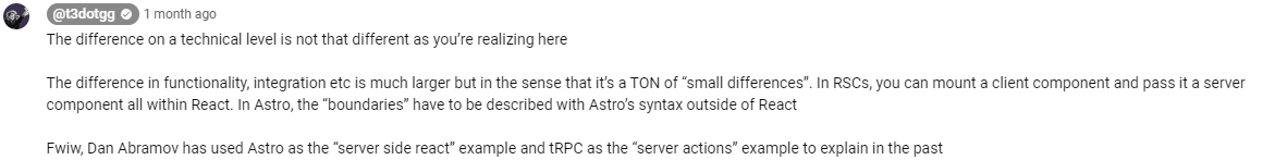 A well known creator puts it all together, emphasizing the UI native aspects of RSC in contrast to Astro